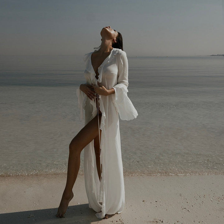 Women elegant beach dress with ruffles and deep slit Mune Fashion