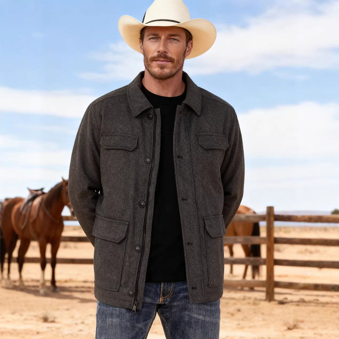 Men's Wool Blend Field Jacket with Flap Pockets, Full Button Placket and Shirt Collar Mune Fashion