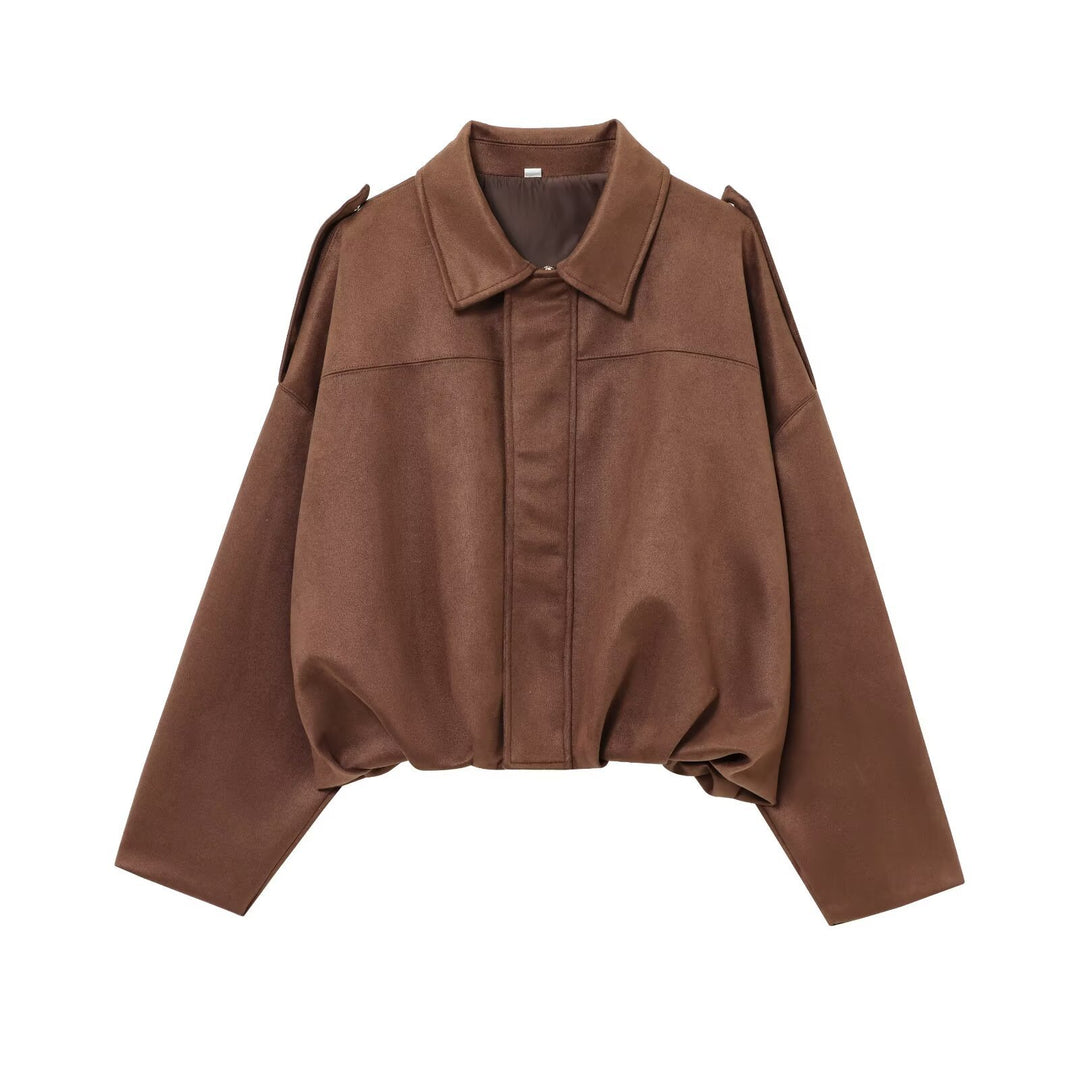Women's Cropped Suede Look Blouson Jacket with Waist Smocking and Shoulder Patches Mune Fashion