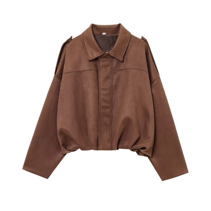 Women's Cropped Suede Look Blouson Jacket with Waist Smocking and Shoulder Patches Mune Fashion