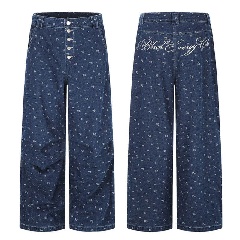Women's High-Waist Culotte Jeans in Palazzo Cut with Visible Button Placket and Fine Floral Print Mune Fashion