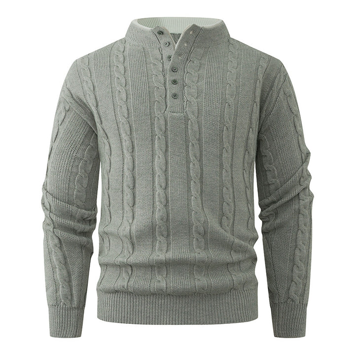 Men's Structured Cable Knit Sweater with Button Placket and Stand Collar Mune Fashion