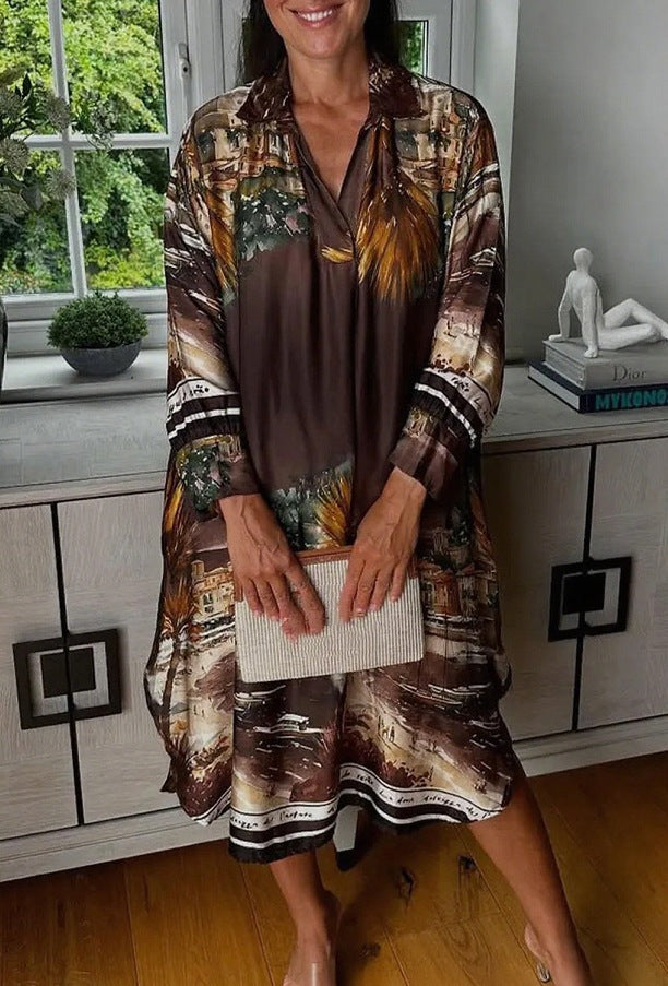 Women's blouse dress in silk look, kaftan style, with an illustrative coastal print Mune Fashion