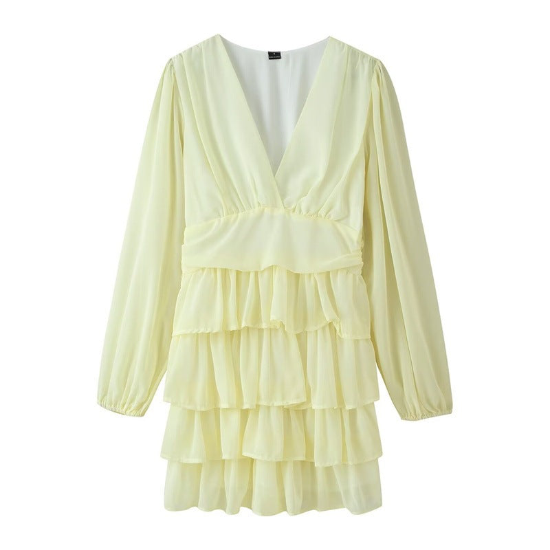 Women's Chiffon Mini Dress with V-Neck, Long Sleeves and Layered Ruffles Mune Fashion