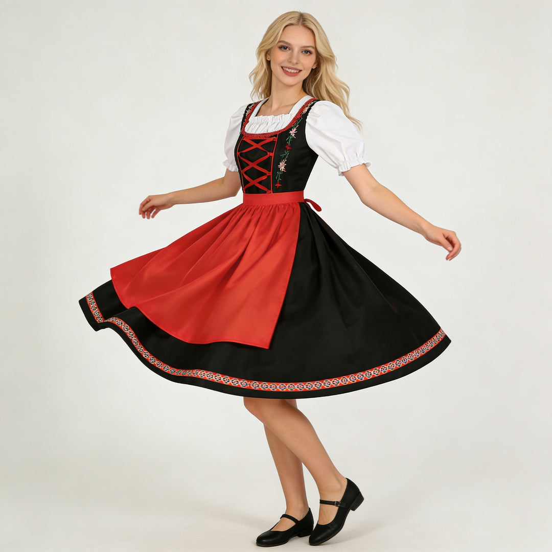 Ladies' traditional dirndl dress with embroidered bodice, puff sleeves, and apron Mune Fashion