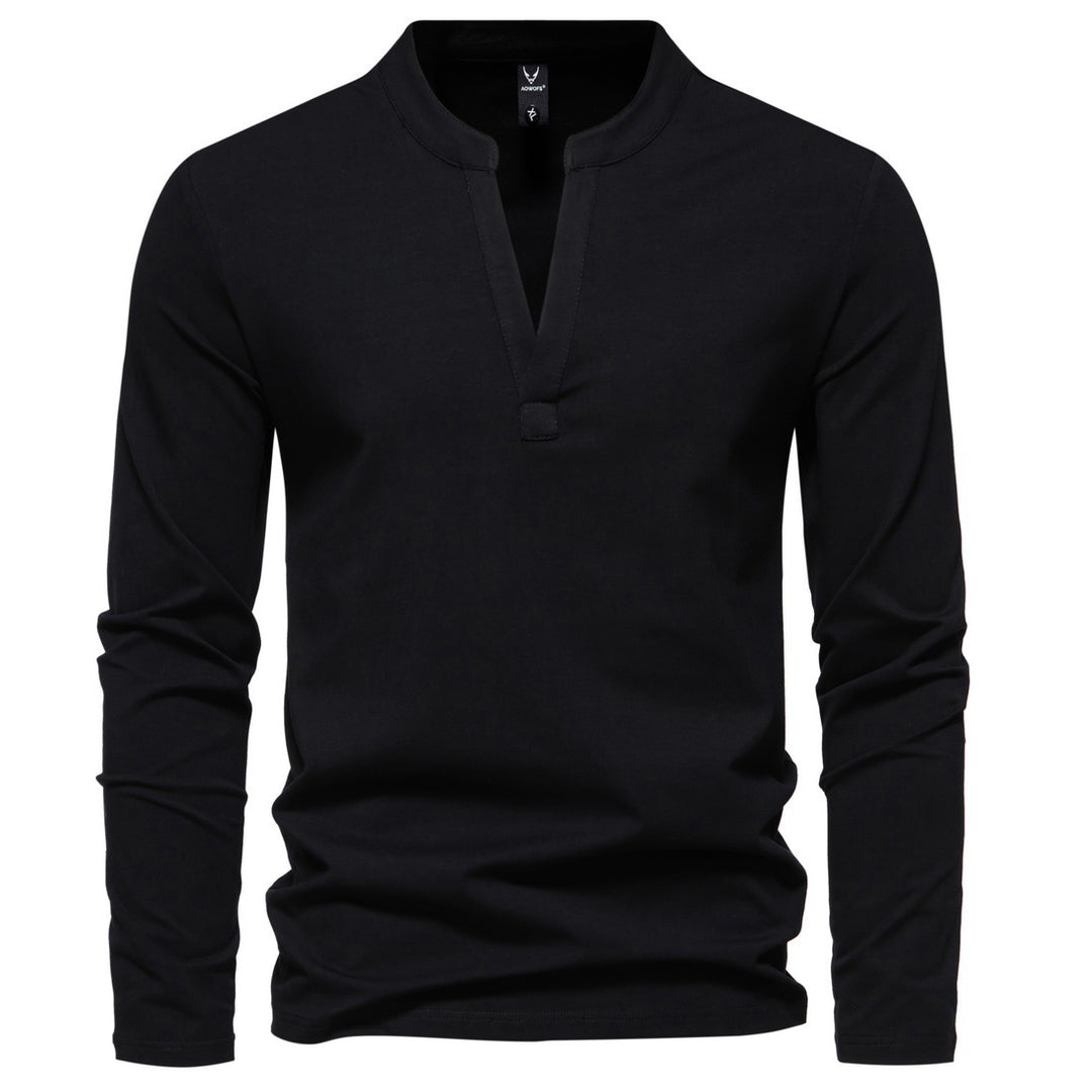 Men's long-sleeved Henley shirt with stand-up collar, deep V-opening and slim fit Mune Fashion