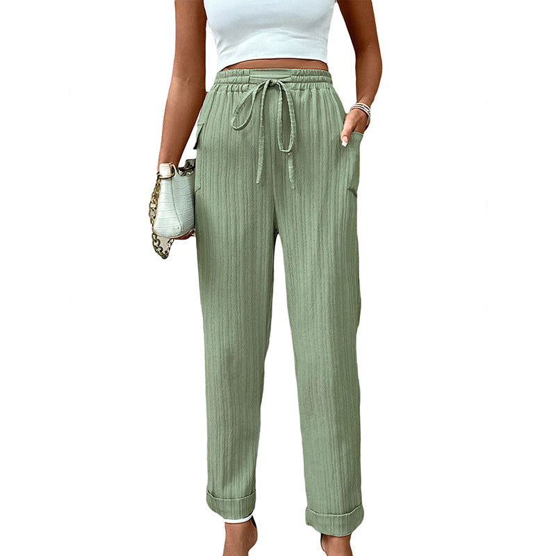 Women's Lightweight High-Waist Pants with Elastic Waistband, Drawstring, and Patch Pockets Mune Fashion