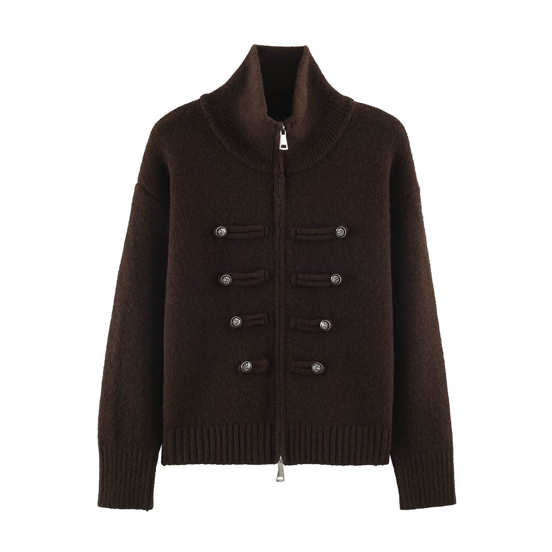 Women's cardigan with zipper, high stand-up collar, and decorative button plackets Mune Fashion