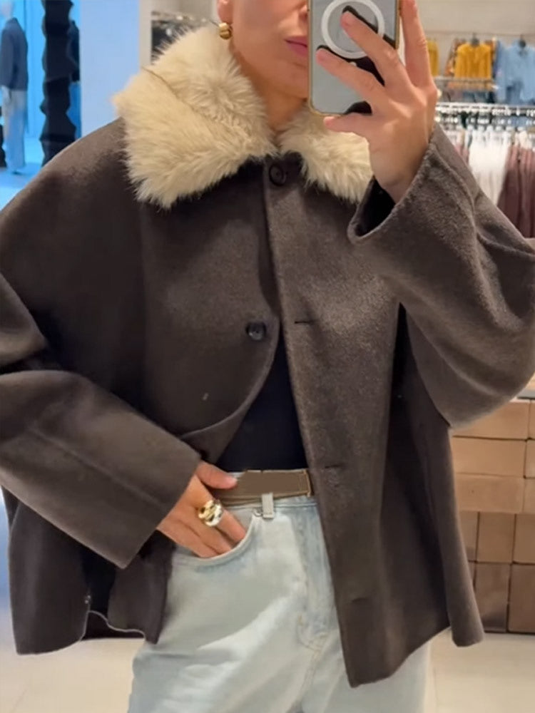 Women's Boxy-Cropped Wool Blend Jacket with Soft Faux Fur Shawl Collar Mune Fashion