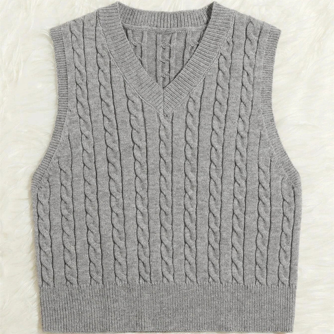 Ladies' Knit Vest with V-Neck and Cable Pattern Mune