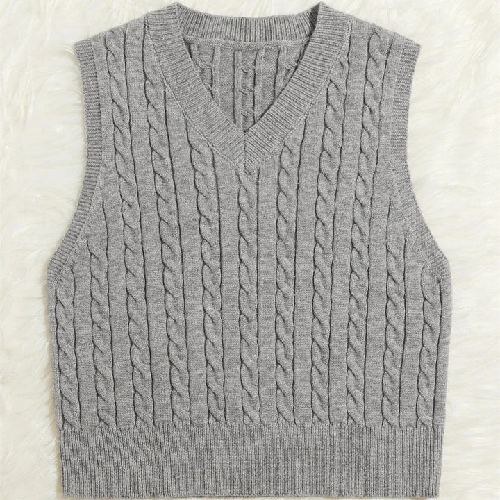 Ladies' Knit Vest with V-Neck and Cable Pattern Mune