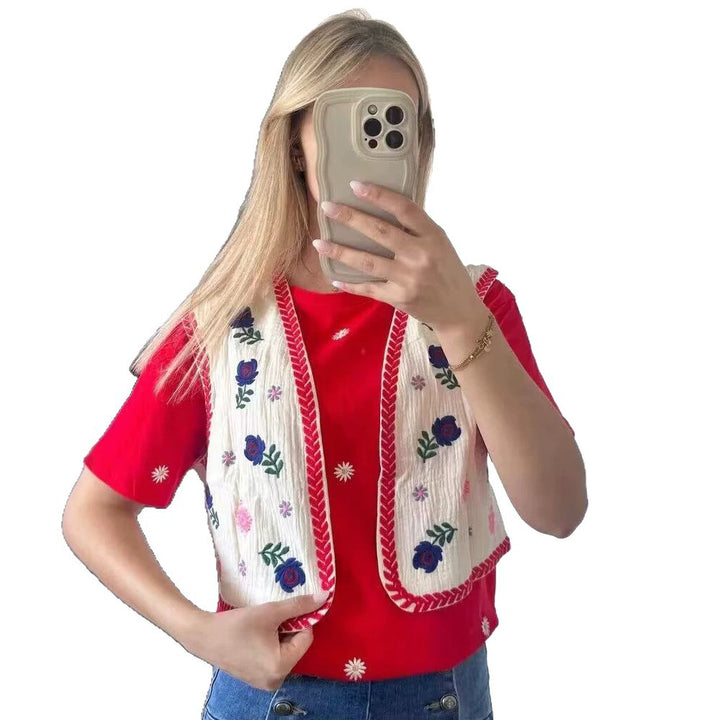 Women's Embroidered Short Waistcoat in Boho Chic with Floral Appliqués Mune Fashion