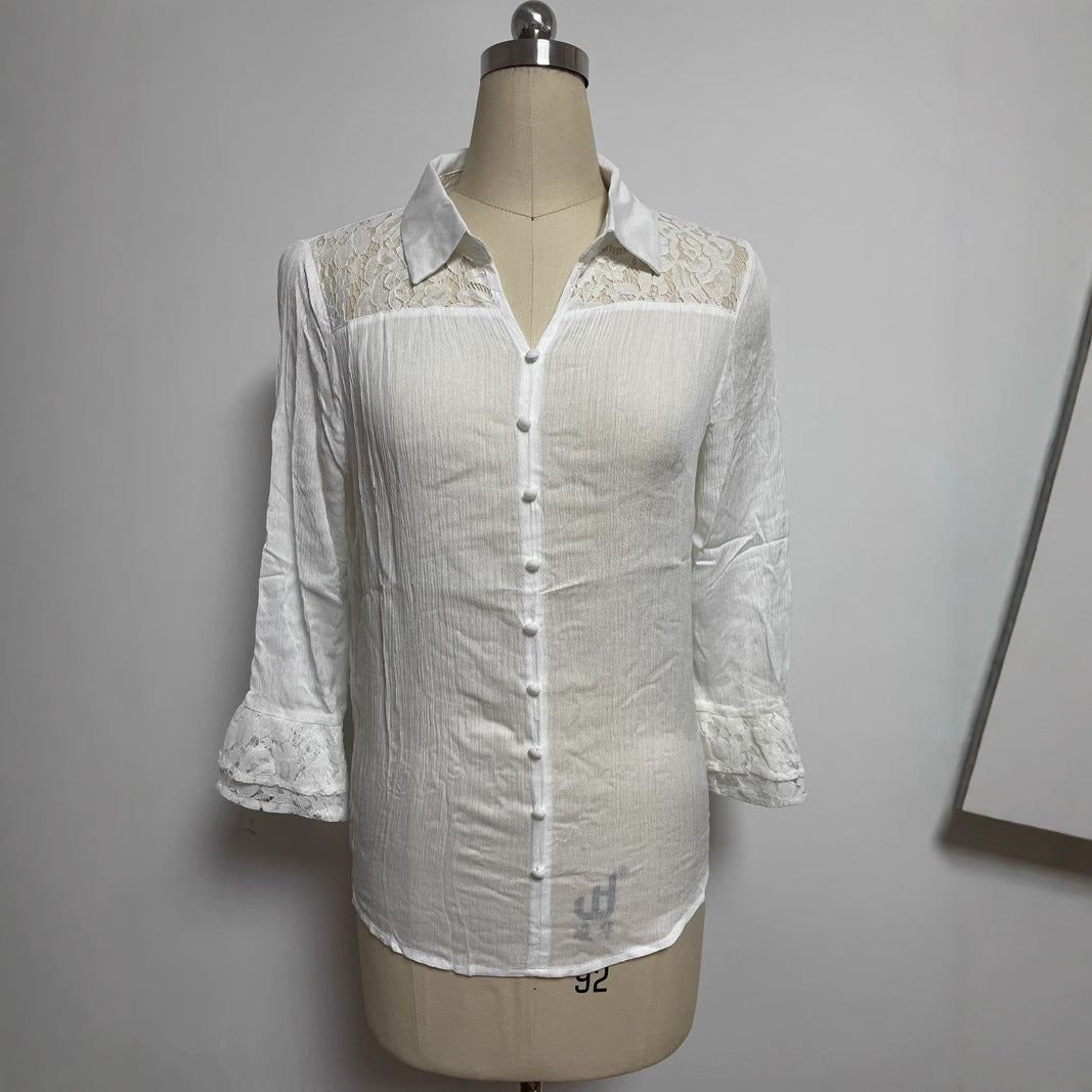 Ladies' semi-transparent crepe blouse with lace yoke, fabric-covered buttons, and three-quarter flounce sleeves Mune Fashion