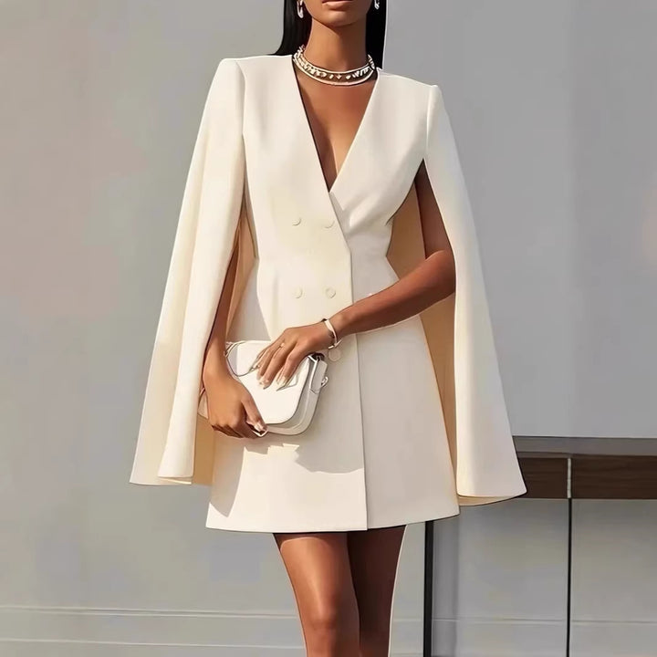 Women's Short Blazer Dress with Cape Sleeves and Double-Breasted Button Placket Drune