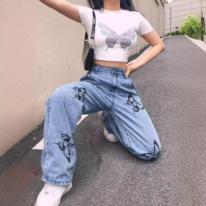 Ladies wide High-Waist jeans with Gothic butterfly print and relaxed straight-leg Mune Fashion
