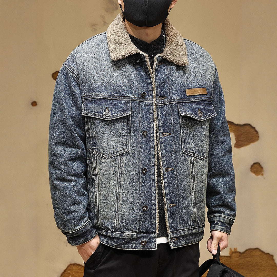 Men's Cozy Denim Jacket with Faux Fur Collar Mune Fashion