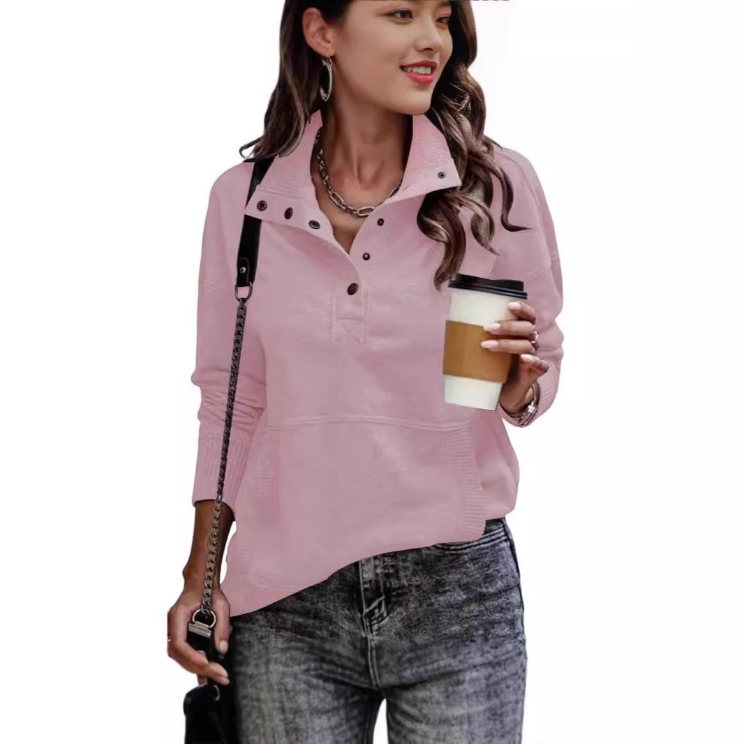 Women's sweat pullover with stand-up collar button placket and kangaroo pocket Mune Fashion