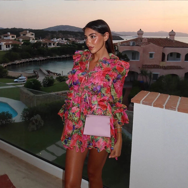 Women Floral Chiffon Mini Dress with Lace-up Corset, Ruffles and Flared Sleeves Mune Fashion