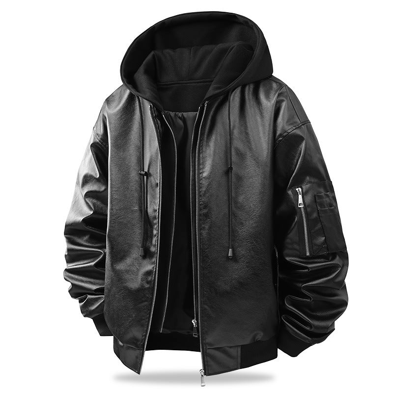 Men's Oversized Faux Leather Bomber Jacket with Hood, Arm Pocket and Zipper Mune Fashion
