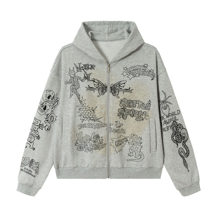 Women Oversized Hooded Jacket with Zipper, High Collar and Graphic Tattoo Prints Mune Fashion