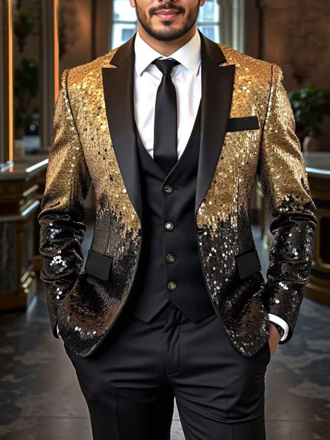 Men's sequin jacket with satin shawl collar and tailored fit Mune Fashion