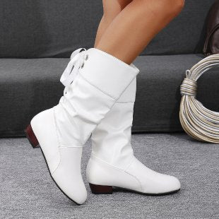Women’s knee-high boots with gathering, rear lacing and low block heel Mune Fashion