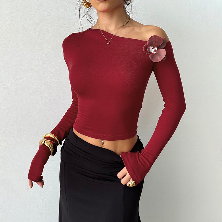 Women's Asymmetric One-Shoulder Long Sleeve Shirt with Floral Appliqué Mune Fashion