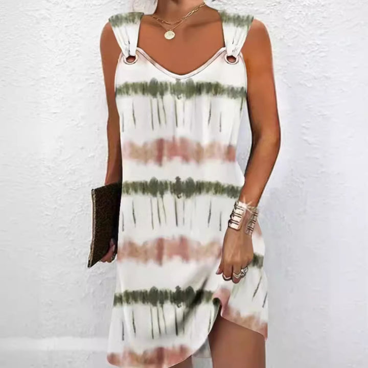 Women's sleeveless V-neck summer dress with decorative metal eyelets on wide straps and casual A-line silhouette Mune Fashion
