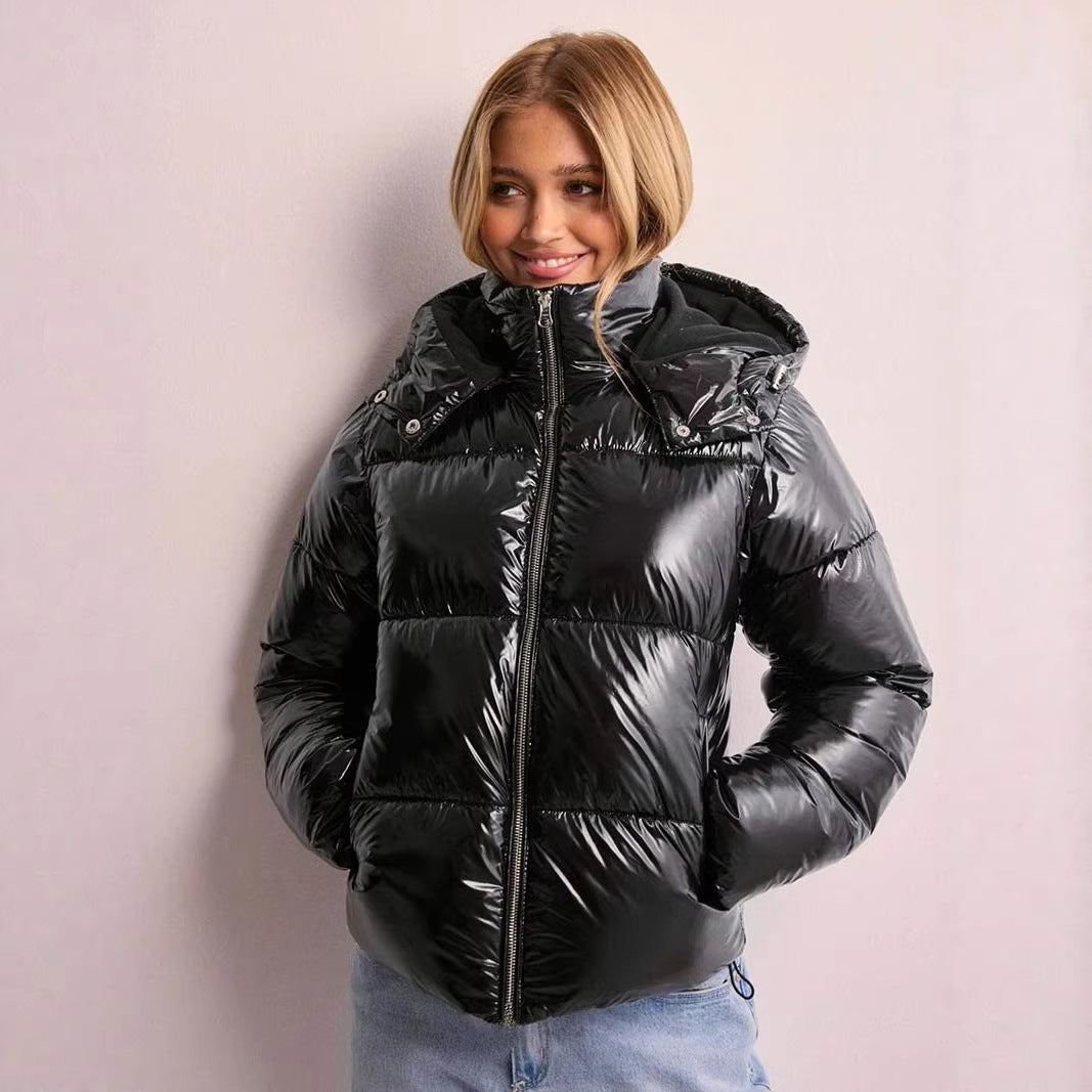 Women's quilted puffer jacket with hood, high stand-up collar, and two-way zipper Mune Fashion