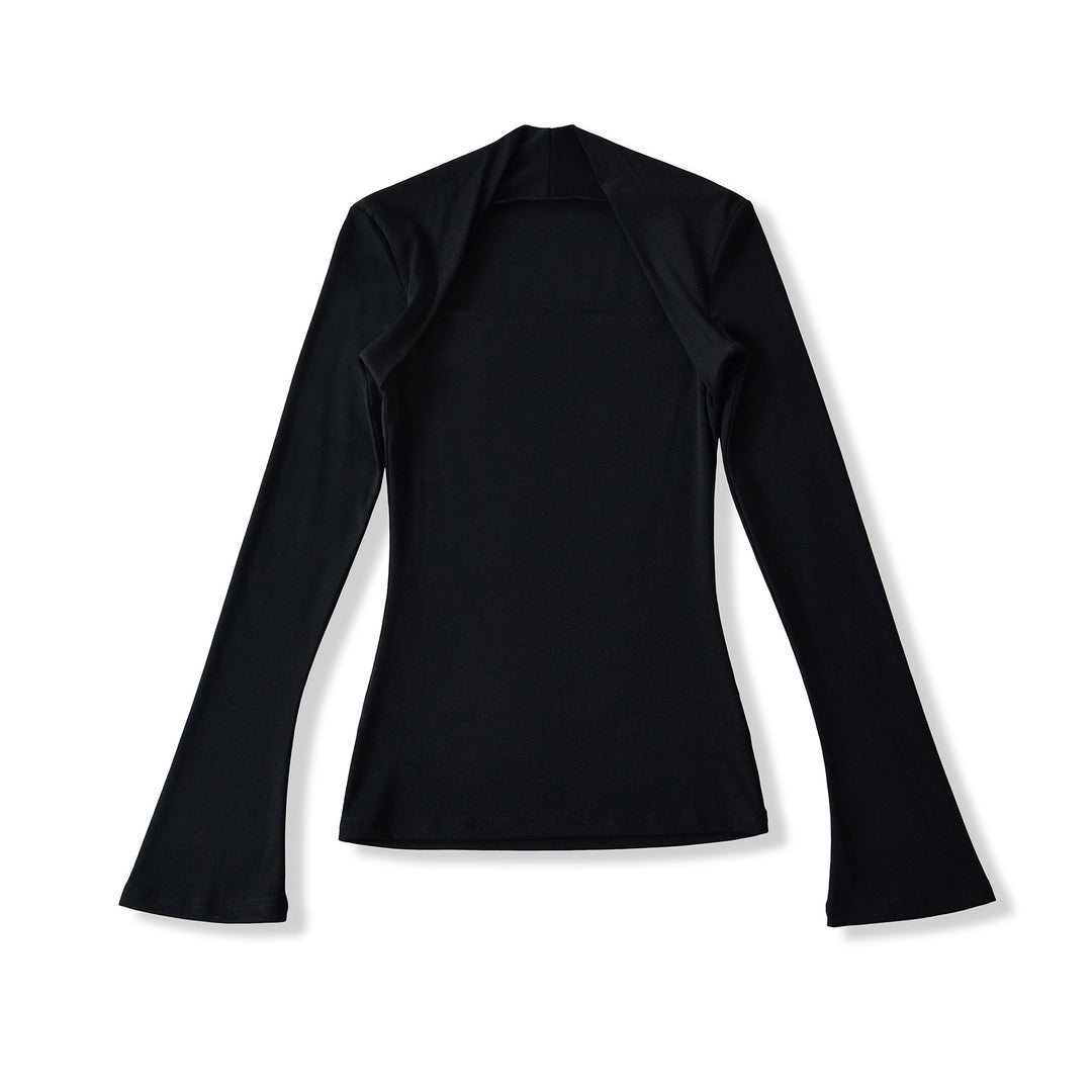 Women's fitted long-sleeve top with wide shawl collar and trumpet sleeves Mune Fashion