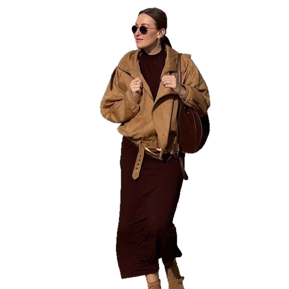 Women's Oversized Suede Leather Bomber Jacket with Epaulettes and Adjustable Waist Mune Fashion