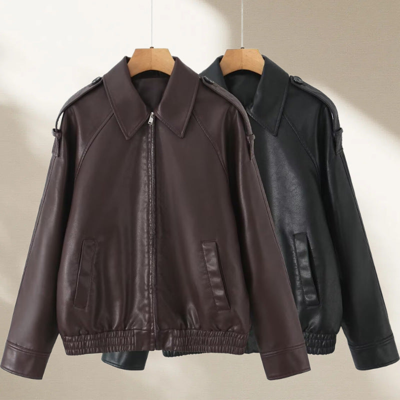 Women's Oversized Faux Leather Flight Jacket with Bonded Collar, Shoulder Epaulettes, and Elastic Hem Mune Fashion