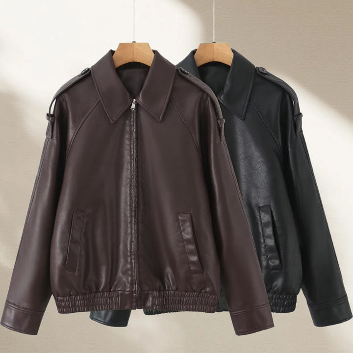 Women's Oversized Faux Leather Flight Jacket with Bonded Collar, Shoulder Epaulettes, and Elastic Hem Mune Fashion