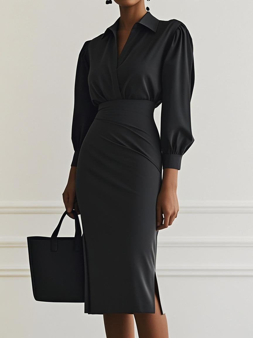 Women's Shirt Blouse Dress with V-Wrap, Puff Sleeves and Tailored Midi Length Mune Fashion