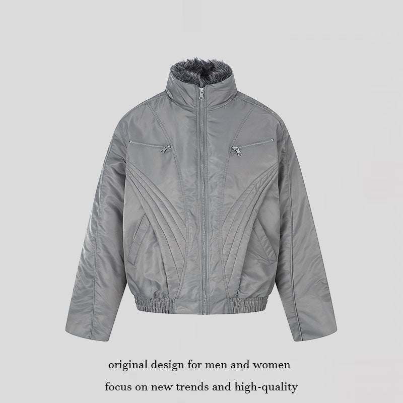 Women's padded bomber jacket with high stand-up collar, faux fur lined collar and zippered pockets Mune Fashion