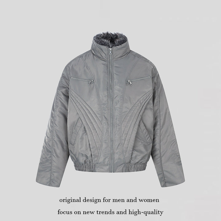 Women's padded bomber jacket with high stand-up collar, faux fur lined collar and zippered pockets Mune Fashion