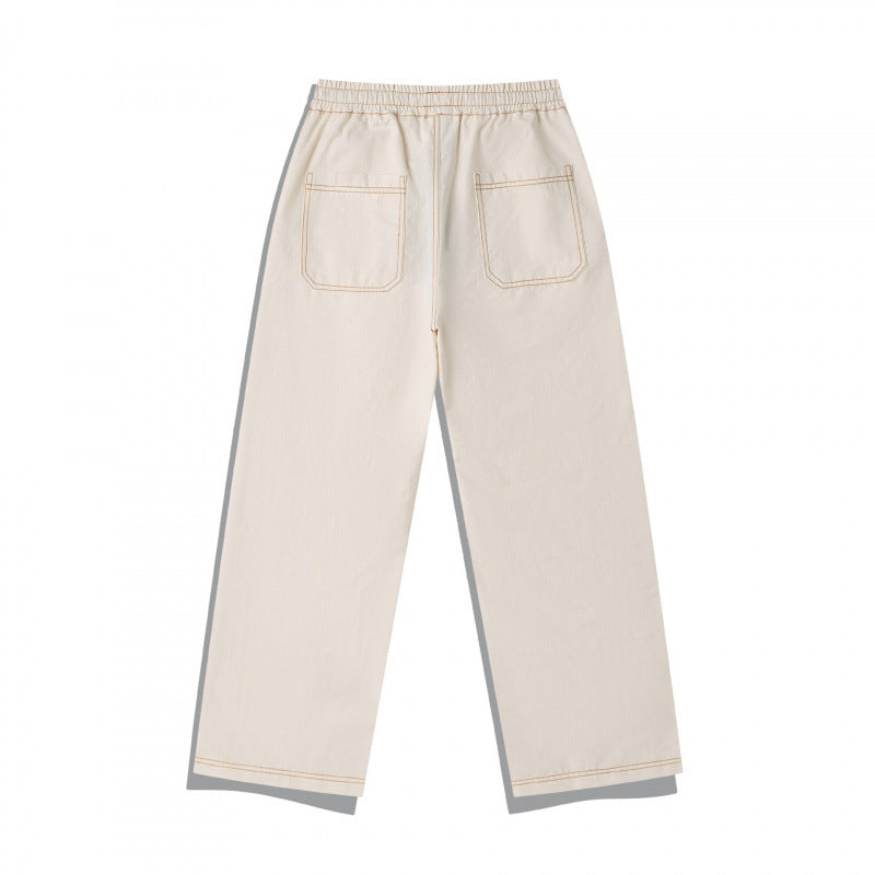 Unisex Wide Denim Pants with Elastic Waistband, Drawstring and Quilted Knee Patch Mune Fashion