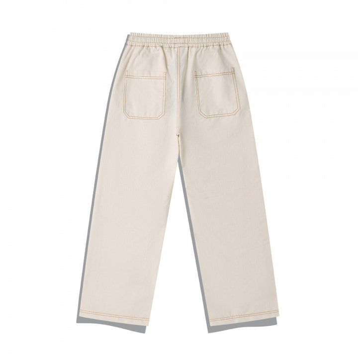 Unisex Wide Denim Pants with Elastic Waistband, Drawstring and Quilted Knee Patch Mune Fashion