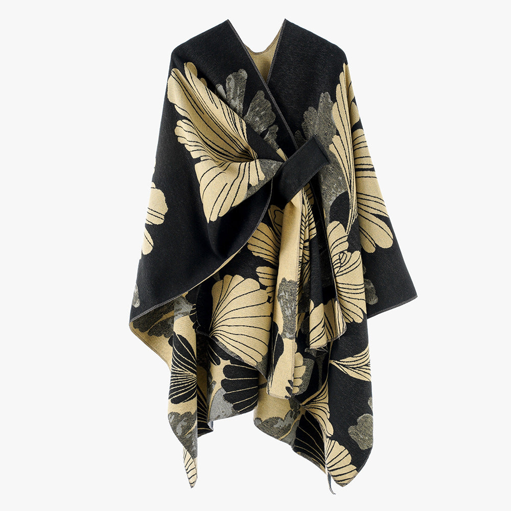 Women’s Jacquard Wrap Poncho with Floral Pattern and Waist Belt Mune Fashion
