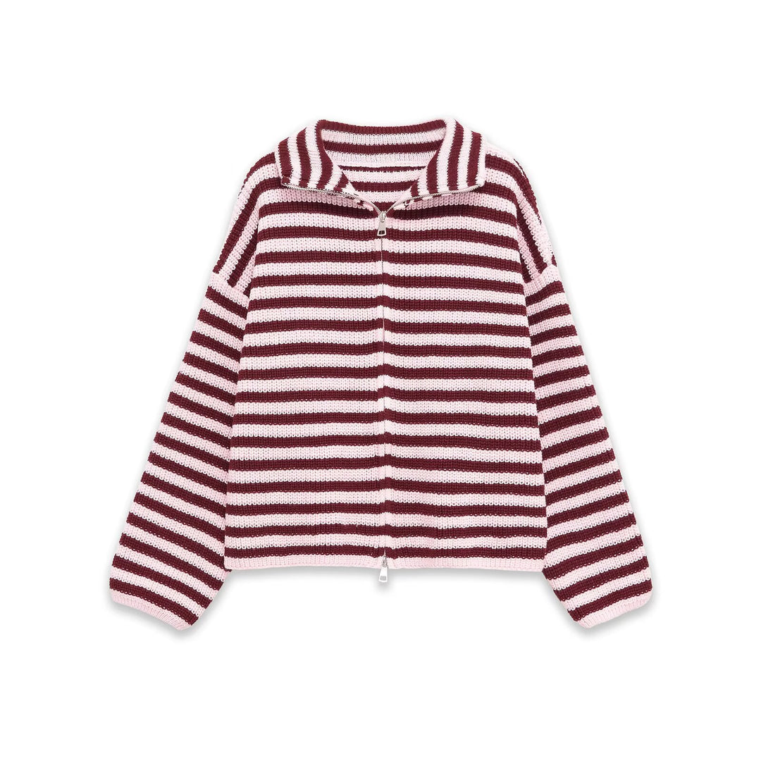 Women's Chunky Knit Zip Cardigan with Stand-up Collar and Oversized Silhouette Mune Fashion