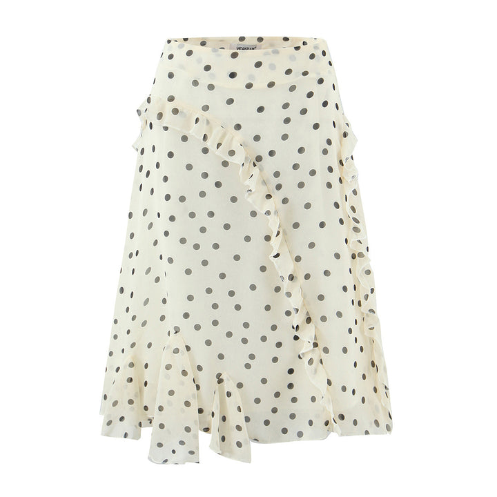 Women Playful Midi Skirt with Wrap Look Ruffles and Polka Dot Print Mune Fashion
