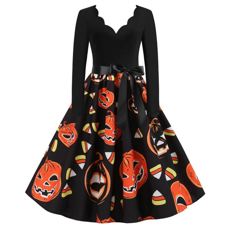 Women Vintage A-Line Dress with Wavy Neckline, Waist Sash and Pumpkin Print Mune Fashion
