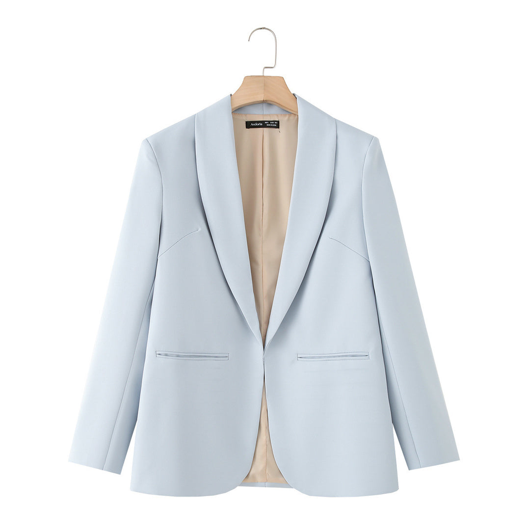 Ladies long blazer with shawl collar, unstructured fall and piped welt pockets Mune Fashion