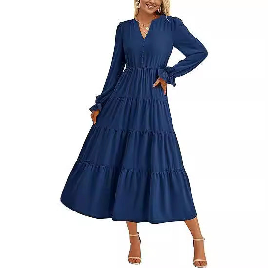 Women's Tiered Midi Dress with V-Neck, Gathered Waist Seam and Ruffle Cuffs Mune Fashion