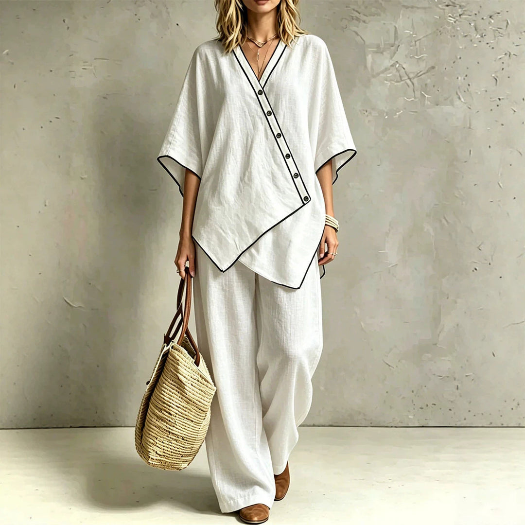 Women's Asymmetric Tunic Loungewear Set with Diagonal Button Placket and Wide Palazzo Pants Drune