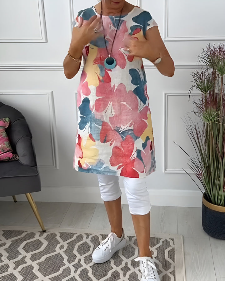 Ladies' airy tunic midi dress made of linen blend with watercolor flower print and side pockets Mune Fashion