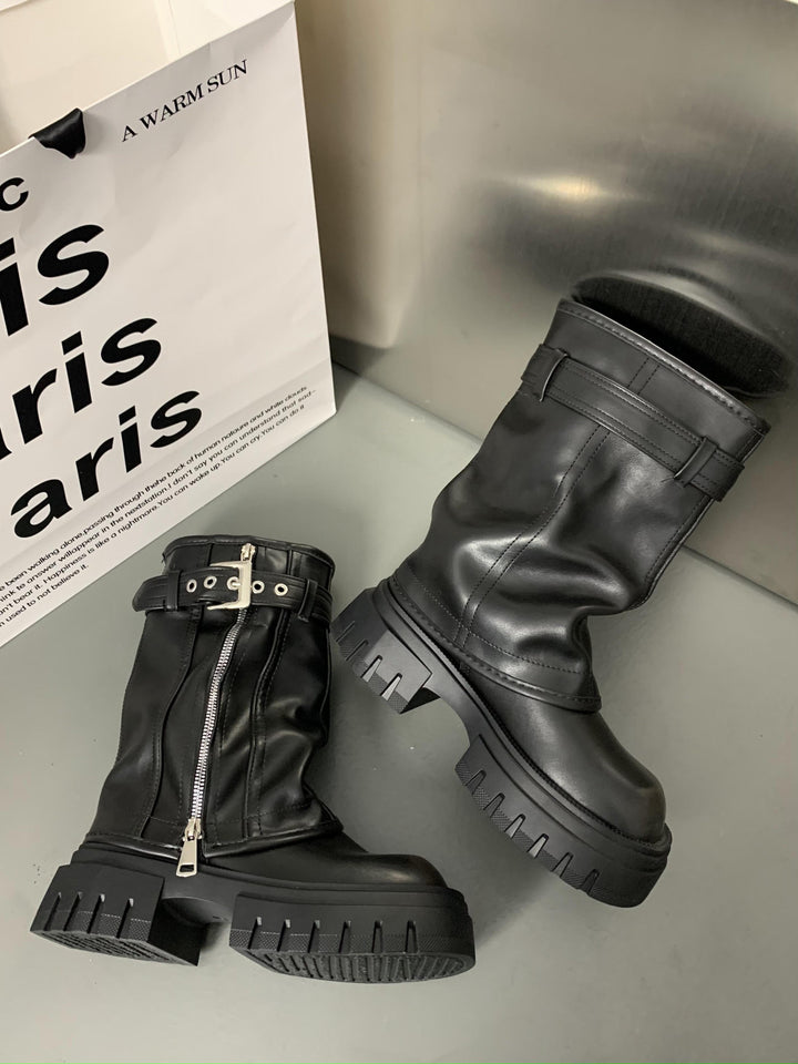 Women’s Mid-Calf Biker Boots with Zipper, Buckle Strap, and Chunky Platform Sole Mune Fashion