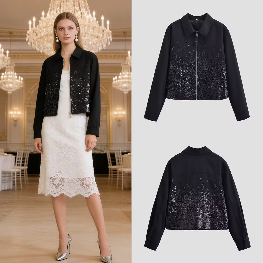 Women's short jacket with full-length zipper and gradient sequin trim Mune Fashion