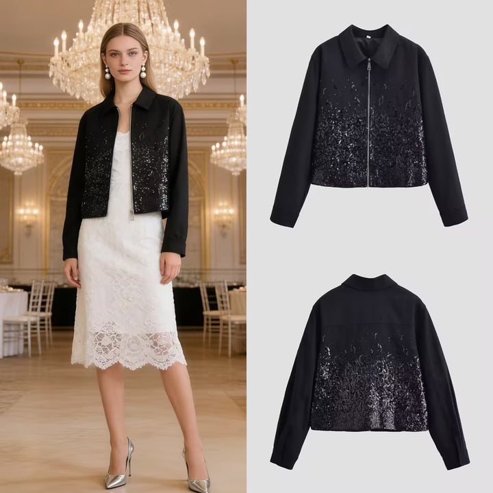 Women's short jacket with continuous zipper and sequin front Mune Fashion