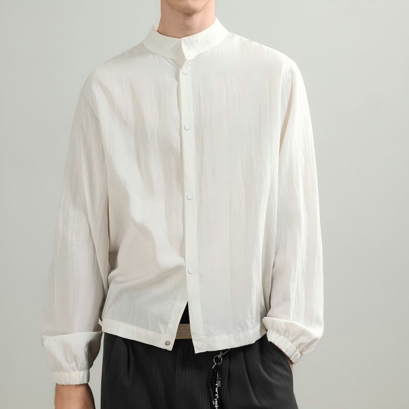 Men's Oversized Shirt with Stand Collar, Snap Button Closure, and Elastic Cuffs Mune Fashion